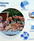 Family enjoying picnic with Picnic Table Cover With Bench Covers And Carry Bag, Windproof Outdoor Table Protector Blue Camping Essentials