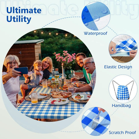Family enjoying picnic with Picnic Table Cover With Bench Covers And Carry Bag, Windproof Outdoor Table Protector Blue Camping Essentials