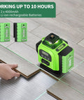 16 Line Laser Level 360 Self Leveling With 4x360 Green Cross Lines 4D Professional Layout Tool Includes 2 Batteries for Construction and Picture Hanging Horizontal Line Leveler for Precise Wall and Ceiling Installations on a wooden floor with two lithium-ion batteries displayed