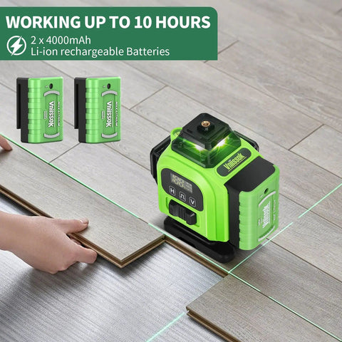 16 Line Laser Level 360 Self Leveling With 4x360 Green Cross Lines 4D Professional Layout Tool Includes 2 Batteries for Construction and Picture Hanging Horizontal Line Leveler for Precise Wall and Ceiling Installations on a wooden floor with two lithium-ion batteries displayed