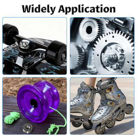 Four Pack 6903-2RS Deep Groove Ball Bearings for skateboards, gears, yo-yos, and roller skates, diverse applications shown