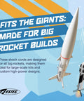 Text 'Fits the Giants: Made for Big Rocket Builds' with illustrations of rockets; Pro Series II Shock Cord Accessory Pack For Model Rockets Heavy Duty Elastic Shock Cords Three And A Half Inch By Ninety Six Inch Absorbs Launch Force For Safe High Flying Rockets Ideal Upgrade For Your Rocket Kit Ages Ten Plus.