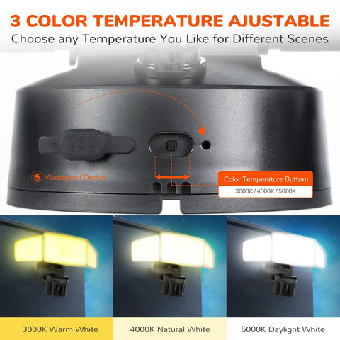 Beast Bright 4600 Lumen Motion Sensor Security Flood Light showing 3 CCT color options 3000K, 4000K, 5000K on black housing