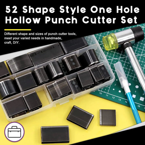 All-In-One 55-Piece Hollow Punch Cutter Tool Kit with cutting pad, hammer, craft knife, and case for leather crafting and DIY projects.