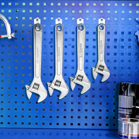 Four Piece Adjustable Crescent Wrench Set With 6 8 10 12 Inch Wrenches Made From CRV Steel, Heat Treated And Chrome Plated Displayed