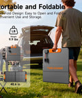 Man carrying 110W Foldable Solar Panel Charger for Portable Power Stations, shown folded with dimensions, near a car in a park.