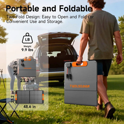 Man carrying 110W Foldable Solar Panel Charger for Portable Power Stations, shown folded with dimensions, near a car in a park.