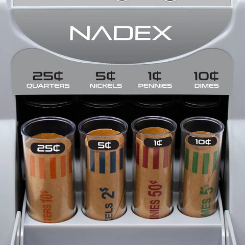 Digital Coin Sorter And Counter Machine With Automatic Currency Separator And Clear Display Tracks Total Value And Count Sorted Up To Two Hundred Coins Per Minute For No Sweat Cash Handling Jobs, showing coin tubes for quarters, nickels, pennies, and dimes.