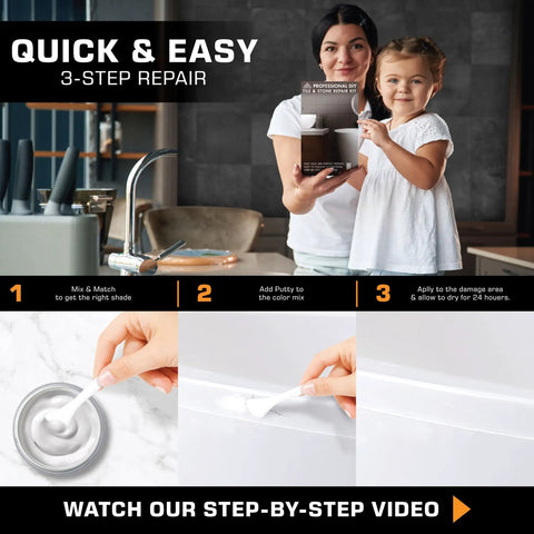 Woman and child holding tile and stone repair kit for cracked marble ceramic and granite surfaces restore chips and scratches guide
