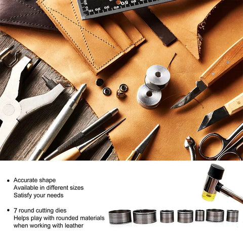 Leather Hole Punch Die Set 7 Piece Round Cutter Kit for Handmade DIY Leather Craft with various round cutting dies and tools
