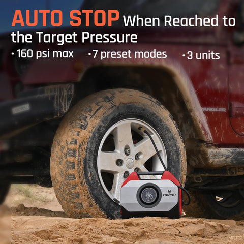 Vortex S6 Beast Cordless Tire Inflator Air Compressor inflating off-road vehicle tire in sandy terrain at 328 psi