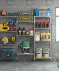 Heavy Duty 4 Tier Metal Wire Shelving Unit For Garage And Home Storage with tools and supplies organized on shelves