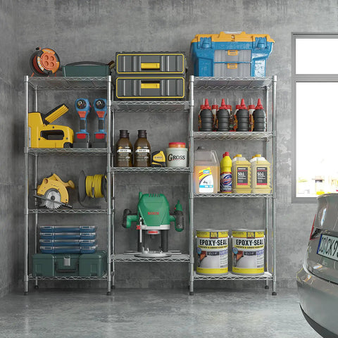 Heavy Duty 4 Tier Metal Wire Shelving Unit For Garage And Home Storage with tools and supplies organized on shelves
