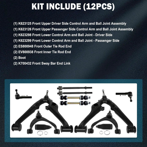 AMCCM 12-piece front suspension kit: black steel control arms, ball joints, tie rod ends and boots
