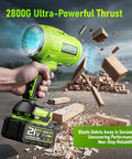 Hand holding Powerful Cordless Leaf Blower With 580000 RPM Motor blasting debris with green brushless design and 21V 4Ah battery