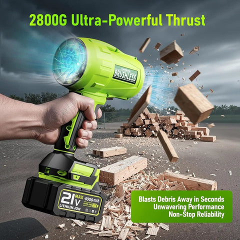 Hand holding Powerful Cordless Leaf Blower With 580000 RPM Motor blasting debris with green brushless design and 21V 4Ah battery