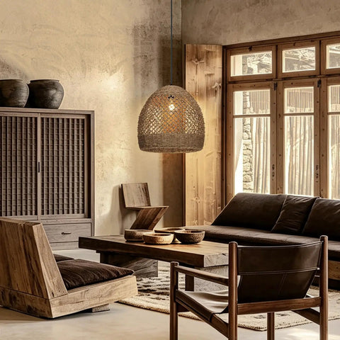 WALMHEIM 15.7" Boho Rattan Pendant Light Fixture hanging in a rustic living room with wooden furniture.