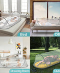 Ultra Lightweight Pop Up Mosquito Net Bed Tent in indoor and outdoor settings, breathable soft mesh, foldable design.