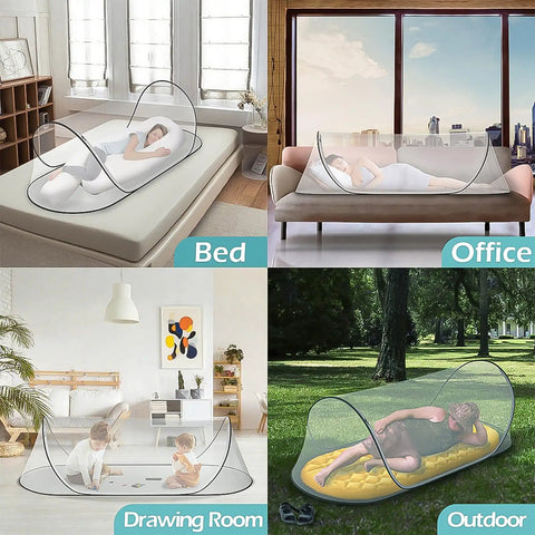 Ultra Lightweight Pop Up Mosquito Net Bed Tent in indoor and outdoor settings, breathable soft mesh, foldable design.