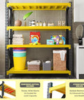 Heavy Duty Four Tier Steel Shelving Unit With 5000 Lb Capacity Adjustable Industrial Storage Rack For Garage Workshop And Warehouse Yellow And Black Metal Shelving For Max Organization And Easy Assembly loaded with household items