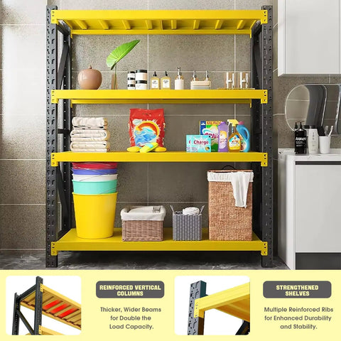 Heavy Duty Four Tier Steel Shelving Unit With 5000 Lb Capacity Adjustable Industrial Storage Rack For Garage Workshop And Warehouse Yellow And Black Metal Shelving For Max Organization And Easy Assembly loaded with household items