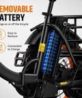 Electric Tricycle For Adults With 1350W Peak Motor Folding 3 Wheel Ebike 48V 15.6Ah Battery 20 Inch Fat Tire Beast 20 MPH Top Speed Differential Drive Black And Orange removable battery close-up