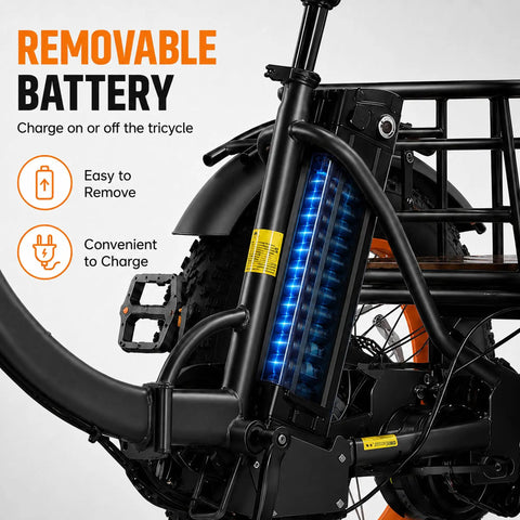 Electric Tricycle For Adults With 1350W Peak Motor Folding 3 Wheel Ebike 48V 15.6Ah Battery 20 Inch Fat Tire Beast 20 MPH Top Speed Differential Drive Black And Orange removable battery close-up