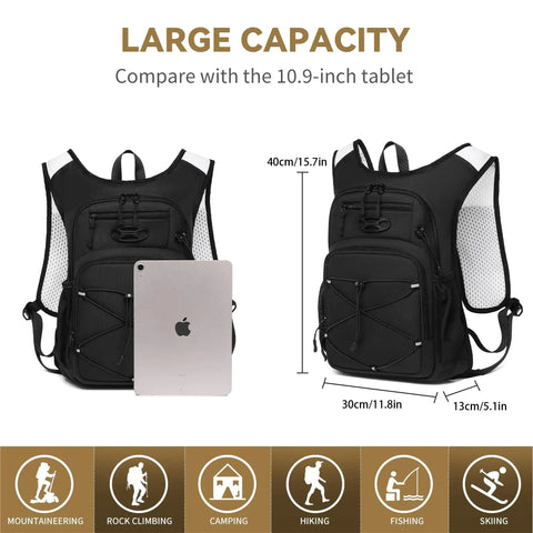 Lightweight Hydration Backpack With 2L Or 3L Water Bladder For Cycling, Hiking, Rave And Day Trips, size comparison with tablet