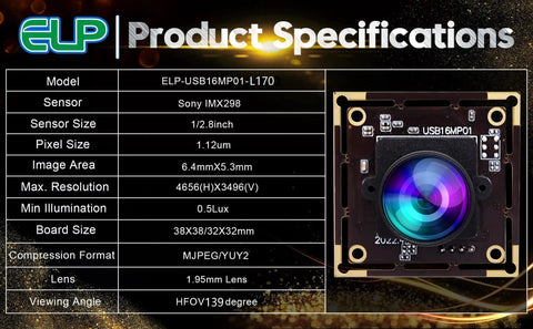 16MP USB Camera Module With 170 Degree Fisheye Lens For Raspberry Pi And PC, IMX298 Sensor, product specifications table