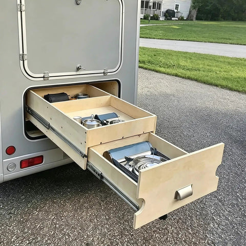 Full Extension Side Mount Drawer Slides With Double Row Ball Bearing Metal Runners For Dressers And Kitchen Cabinets 28 Inch locking drawers in camper with kitchen supplies.