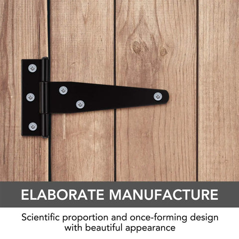 4 Inch T Shaped Stainless Steel Hinge Set, 6 Pack installed on wooden door showing black finish and screws