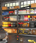 Beefy Heavy-Duty Metal Shelving Unit, 5-Tier Adjustable Garage Storage Rack, 72 Inch Tall filled with tools and storage boxes