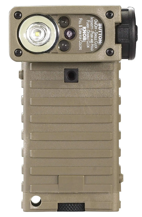 Sidewinder 55 Lumen LED Military Flashlight With Two AA Batteries Go To Helmet And MOLLE Mount showing controls and LEDs