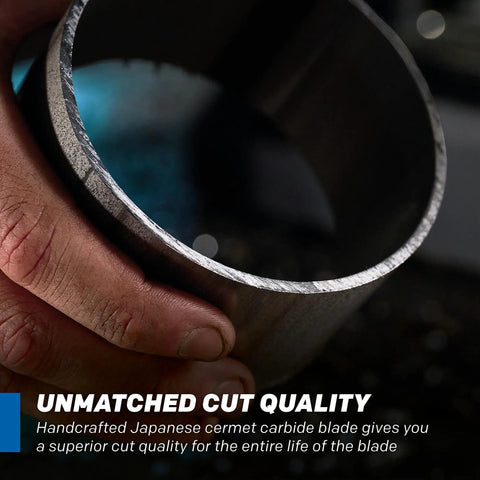 Close-up of a hand holding a metal pipe, cut with a Beefed Up 15 Inch Metal Cutting Chop Saw With 3500 Plus Cuts Using EVOMAX 14 Inch Steel Blade