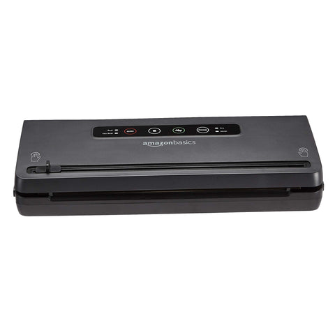 Black vacuum sealer machine for food preservation with dry and moist modes, built-in cutter, air hose, and 16 foot roll included
