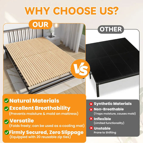 Queen Size Bamboo Bunkie Board Heavy Duty Bed Base Under Mattress Zero Flex Platform compared to traditional slats.