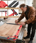 A woodworker using the Slick Adjustable Master Woodworking Stair Tread Jig And Heavy Duty Template System, featuring aluminum alloy and triangle locking structure.