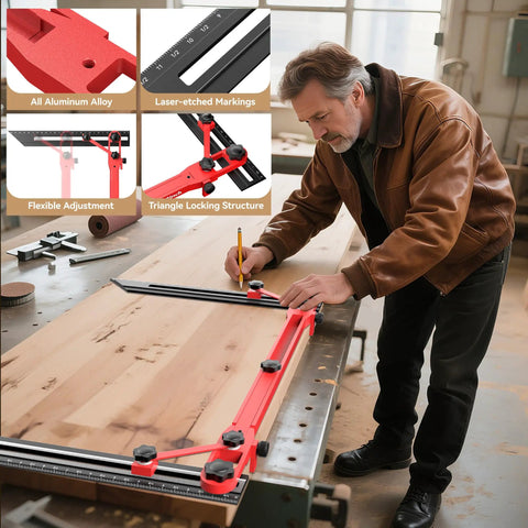 A woodworker using the Slick Adjustable Master Woodworking Stair Tread Jig And Heavy Duty Template System, featuring aluminum alloy and triangle locking structure.