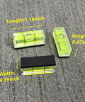 Top Tier 5 Piece Set Of Mini Magnetic Bubble Levels with detailed measurements on a textured background.
