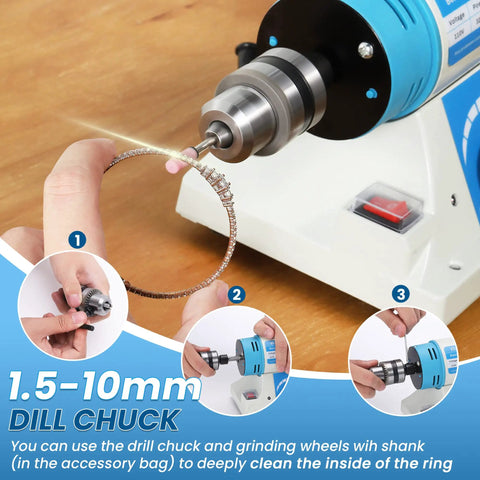 Heavy Duty Workhorse Bench Buffer Polisher Kit featuring Flexible Shaft, shown with a 1.5-10mm drill chuck polishing a ring.