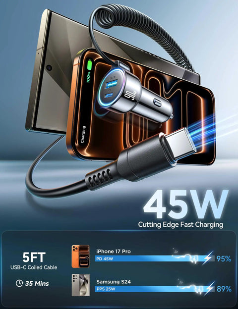 90W USB C Car Charger With 5-Foot 45W Coiled Cable Fast PD QC3.0 Multi-Device Car Charger for iPhone and Samsung