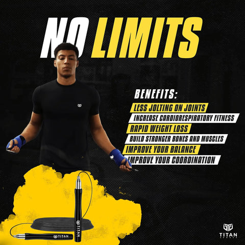 Man using Pro Speed Jump Rope For Fast Smooth Skipping With Self Locking Adjustable Length Dual Steel Ropes Cable Protector