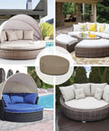 Heavy Duty 600D Outdoor Daybed Cover 75 Inch Diameter Round Waterproof Sofa Cover With Air Vent UV Resistant Camel Color Built Tough For All Weather Patio Protection shown on various outdoor seating.