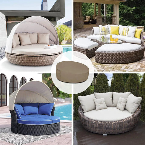 Heavy Duty 600D Outdoor Daybed Cover 75 Inch Diameter Round Waterproof Sofa Cover With Air Vent UV Resistant Camel Color Built Tough For All Weather Patio Protection shown on various outdoor seating.