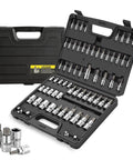 64 Piece External Torx Socket Set With 1/4 3/8 1/2 Inch Drive, S2 And CR-V Steel, open case with sockets and adapters visible