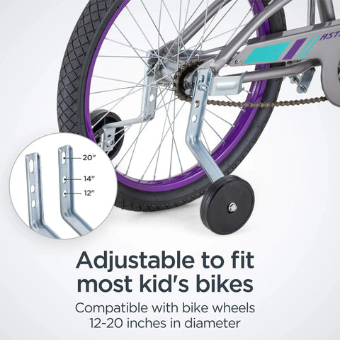 Training Wheels For Kids Bike Set With Heavy Duty Steel Brackets Mounting Hardware shown on bike with 12-20 inch wheel