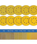 5 Inch 125mm 8 Hole Yellow Sanding Disc For Metal Woodworking Projects, High Grit Abrasive Paper Pad Set Of 10 Pieces arranged with various grits.