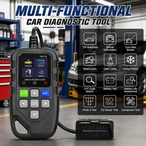 OBD2 Scanner Car Code Reader With Crisp Live Data And Battery Voltage Test For Chevrolet Blazer Ev Lt Rs 2024 Through 2026 displayed on workshop backdrop.