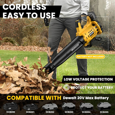 Person using Cordless Leaf Blower With Brushless Motor, 480 CFM, Six Speed Settings Up To 130 MPH in yard, battery not included
