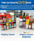 Beefy Steel Reinforced Lazy Susan Cabinet Organizer Turntable Glides Smooth Like Silk With Solid Magnetic Stop Holding Up To Thirty Pounds For Kitchen Pantry Jars with spices and condiments on a kitchen counter.